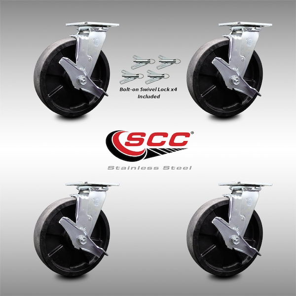 8 Inch SS Glass Filled Nylon Caster Set with Ball Bearings and Brake/Swivel Lock